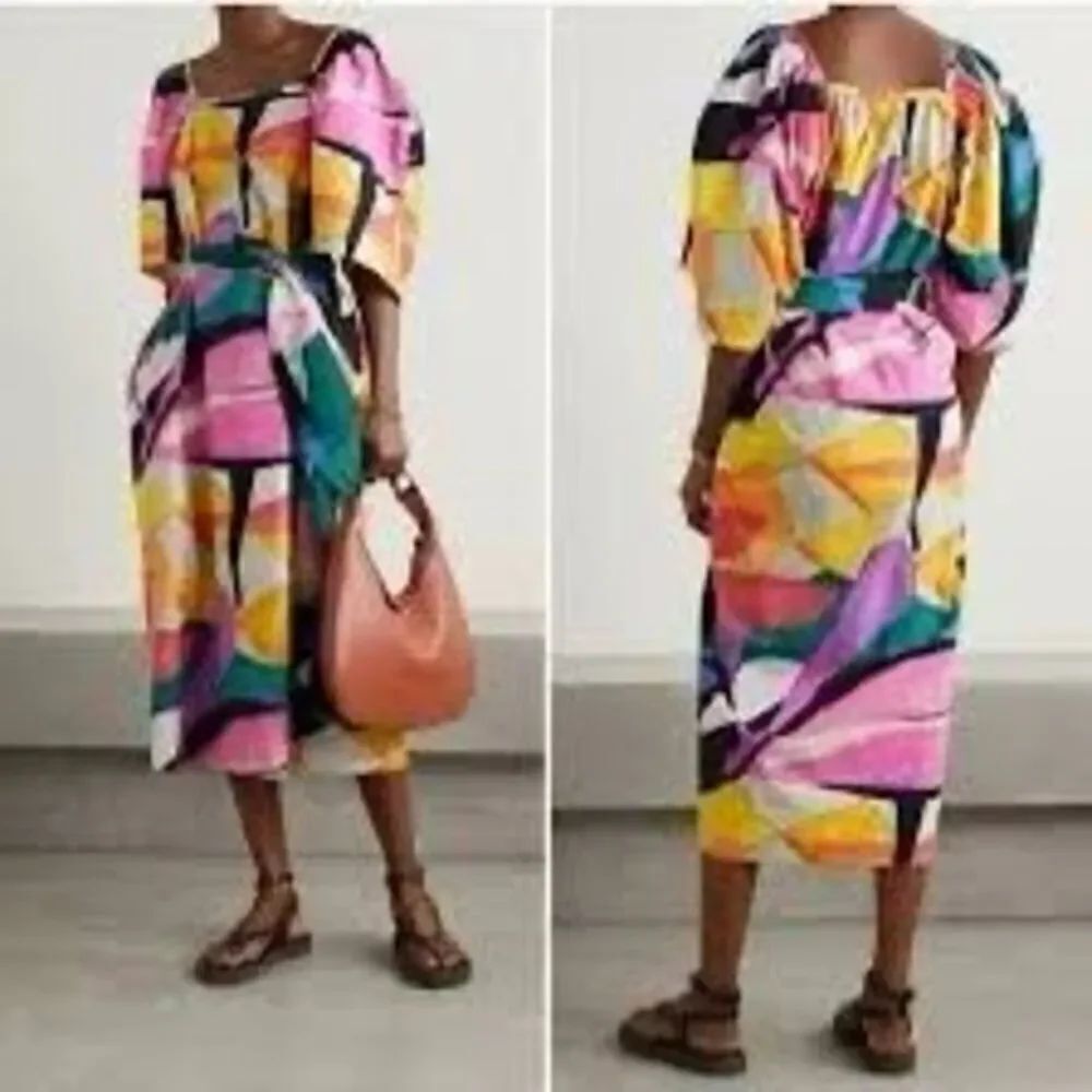 Mara Hoffman Multicolor Sara Printed Puff Sleeve Cotton Poplin Midi Dress Sz XXS